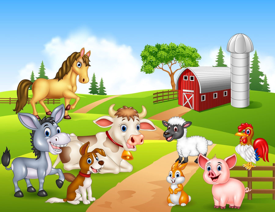 A nursery with a crib and dresser features the Happy Farm Animals Wall Mural, showing cartoon animals by a red barn and silo. Wooden floors, a rug, houseplants, and framed photos on a shelf complete the cozy look.