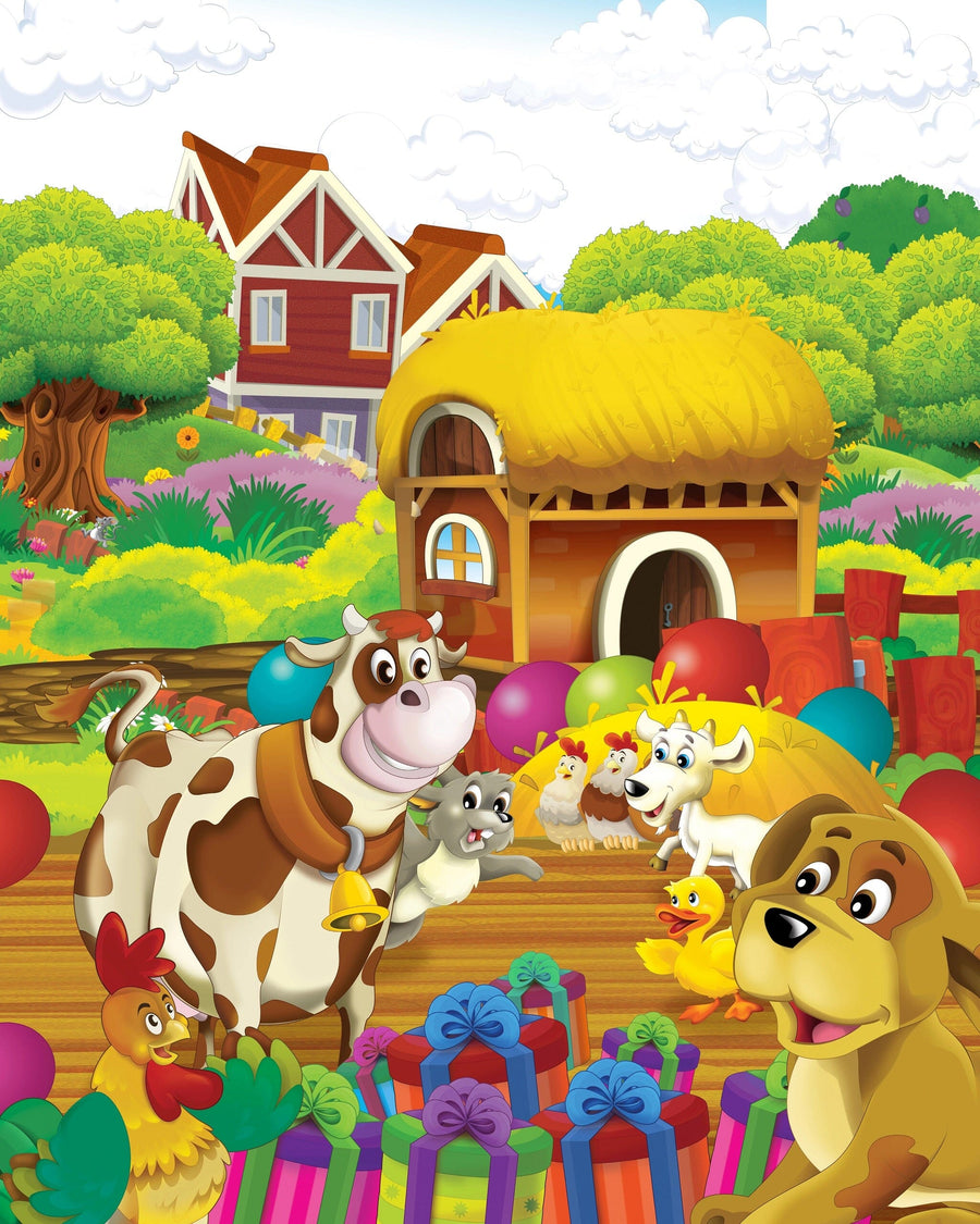 A bright nursery with a crib, rocking horse, basket, wardrobe, and sunlight through curtains. The wall displays the vibrant Happy Farm Party Wall Mural with cartoon animals and green fields, creating a cheerful, cozy atmosphere.