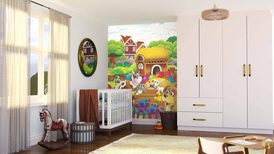 A bright nursery with a crib, rocking horse, basket, wardrobe, and sunlight through curtains. The wall displays the vibrant Happy Farm Party Wall Mural with cartoon animals and green fields, creating a cheerful, cozy atmosphere.