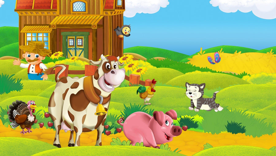 A bright kids’ room features the Happy Farmyard Wall Mural with a cow, pig, dog, cat, ducks, and farmhouse. The cheerful space also has a crib, rocking horse, play mat, toys, and large windows with sheer curtains.