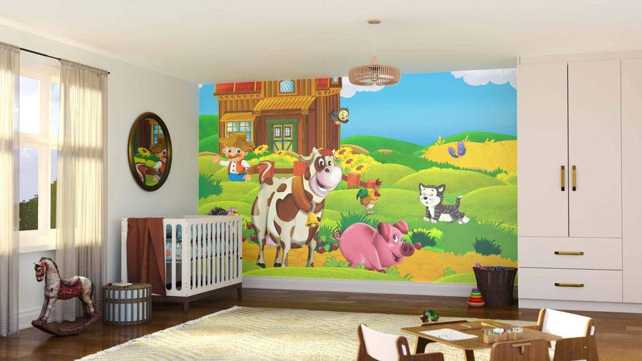 A bright kids’ room features the Happy Farmyard Wall Mural with a cow, pig, dog, cat, ducks, and farmhouse. The cheerful space also has a crib, rocking horse, play mat, toys, and large windows with sheer curtains.