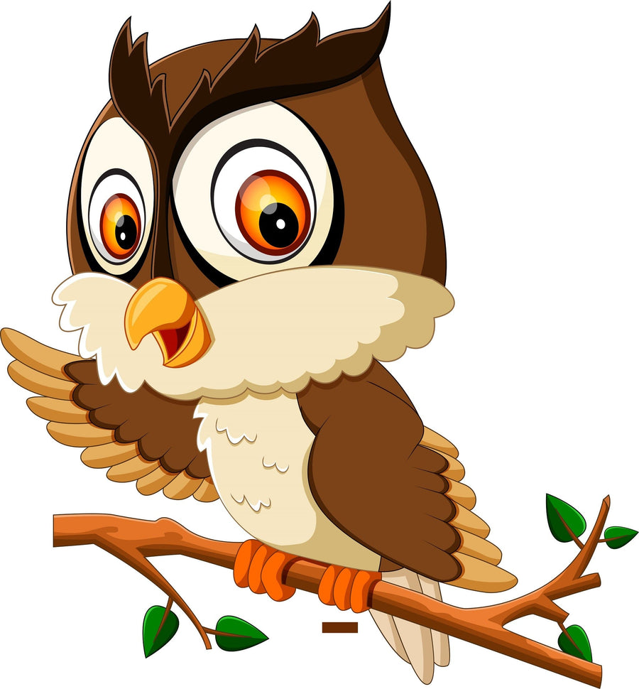A modern nursery with a white crib, dresser, plant, and photos on shelves is brightened by the Happy Owl on Branch Wall Mural above the crib, adding playful charm to the gray walls, wood floors, and cozy decor.