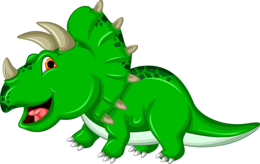 A nursery with wood floors, a white crib, and the Happy Triceratops Wall Mural. A dresser holds a plant and framed photos; shelves display toys and books. A stuffed turtle sits on a round rug near the crib.