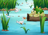 The Happy Turtle and Friends Wall Mural features a smiling turtle on a log, playful frogs, ducks, green reeds, and cattails in a cheerful peel and stick design—perfect as removable wallpaper or for custom wall decor.