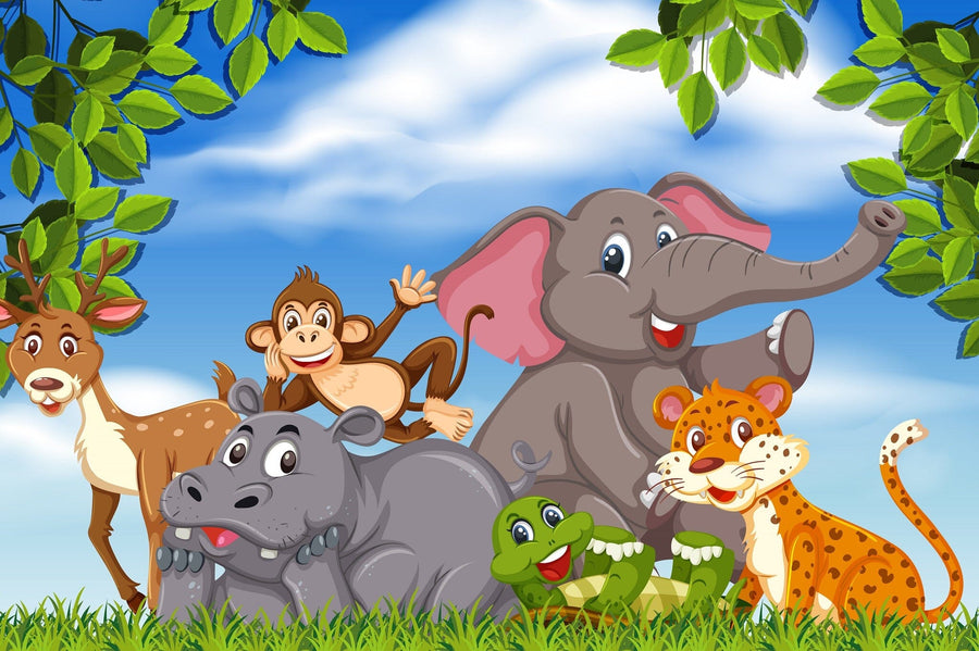 A bright nursery with wooden floors, crib, and large wardrobe features the Happy Wild Bunch Wall Mural—cartoon jungle animals amid grass and leafy branches under a blue sky. A toy rocking horse and other toys are on the floor.