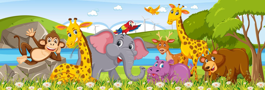 A bright nursery with a crib, toys, and a round mirror features the Happy Wildlife Parade Wall Mural—colorful peel and stick wallpaper of cartoon jungle animals by sunny hills and blue water for fun, easy, removable décor.