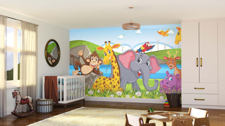 A bright nursery with a crib, toys, and a round mirror features the Happy Wildlife Parade Wall Mural—colorful peel and stick wallpaper of cartoon jungle animals by sunny hills and blue water for fun, easy, removable décor.
