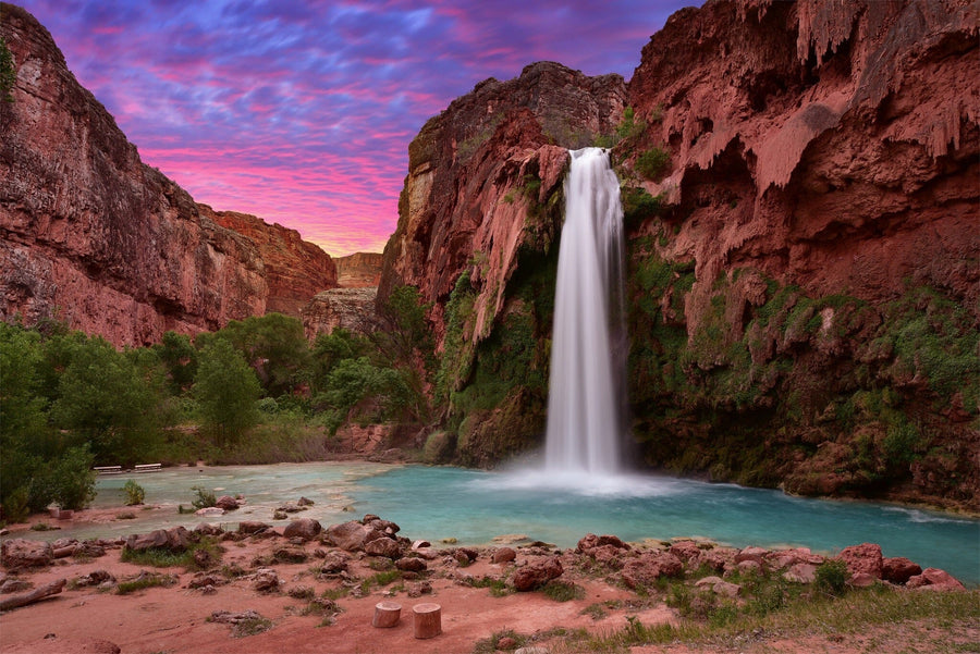 Modern open living-dining area with wooden floors, eclectic furniture, and a large Havasu Falls in Havasupai Wall Mural depicting a scenic canyon waterfall at sunset as a striking natural focal point framed by red cliffs.