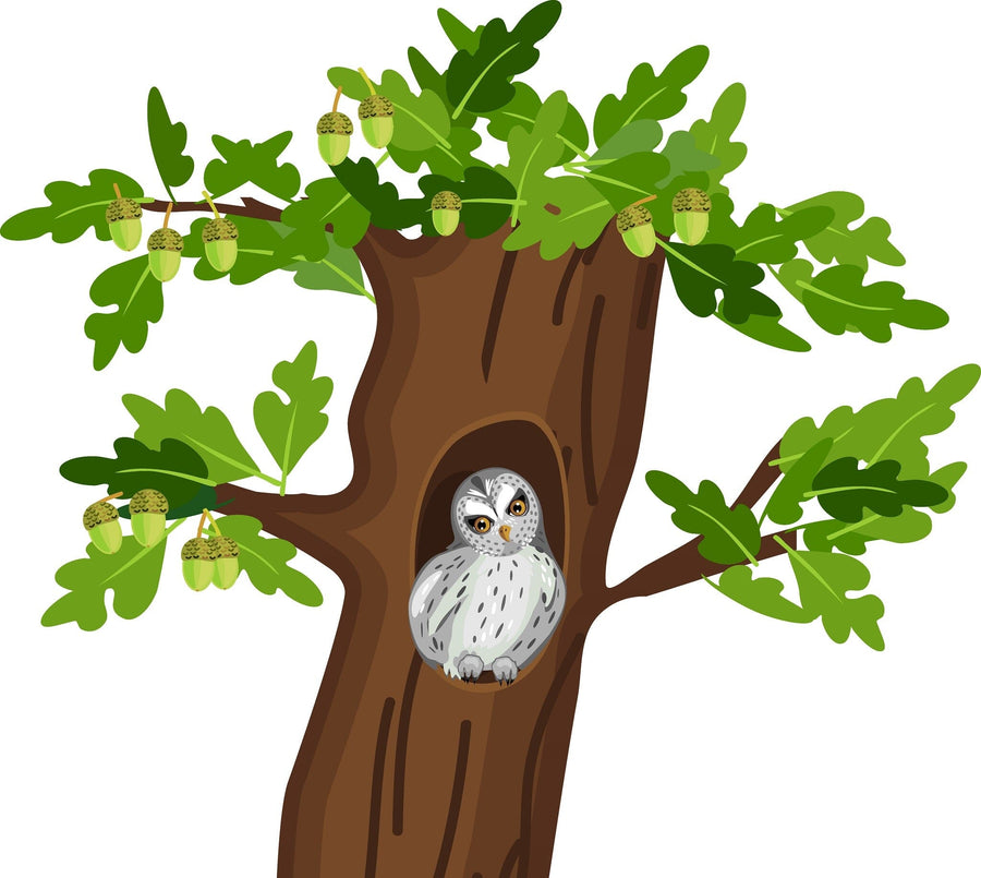 A nursery features a white crib, a dresser with a nearby plant, toy-filled shelves, and the Hollow Nest Owl Wall Mural—a peel and stick mural showcasing a tree with green leaves and an owl on the wall.