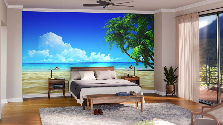 A modern living and dining room features wooden floors, sleek furniture, and the Idyllic Tropical Beach Wall Mural—a peel-and-stick design showing sand, palm trees, and blue sky for a realistic ocean view effect.