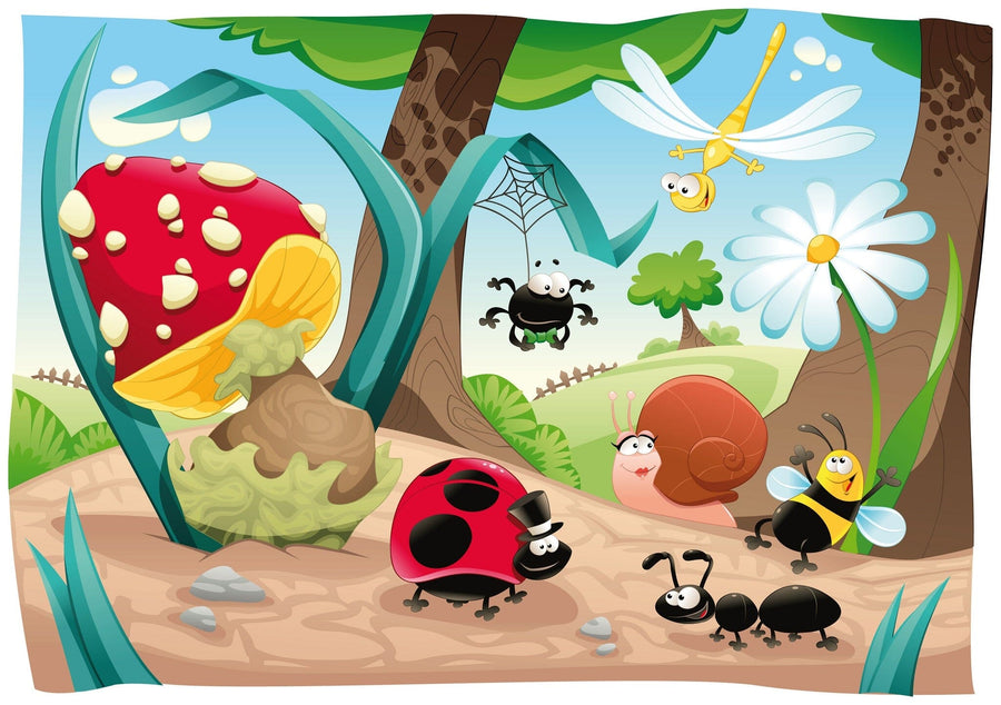 A bright children’s room with a crib, rocking horse, and toys features the Insect World Wall Mural—a vibrant forest scene with insects, mushrooms, flowers, and grass under a sunny sky.
