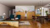 A modern living-dining room with wood floors and mid-century furniture features the "Embracing the Sun Wall Mural," seamlessly blending outdoor scenery with the cozy interior.