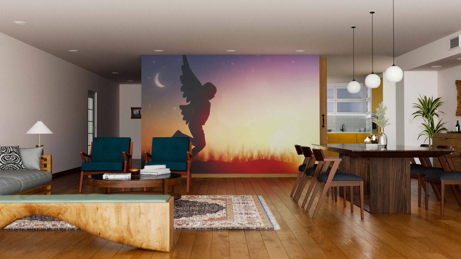 A modern living-dining room with wooden floors, teal armchairs, a unique coffee table, and the Kid with Wings Wall Mural as a focal point. The dining area has a wooden table, stylish chairs, and pendant lights overhead.