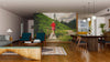 A modern living and dining room features wood furniture, a cozy sitting area, and the Trail Running Wall Mural showing a person in a red jacket running on a forest path with mountains in the background.