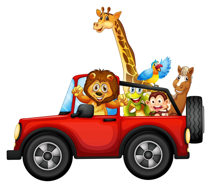 A nursery features a white crib and dresser, with the Jeep Safari Fun Wall Mural showing cartoon animals in a red jeep. Wood floors, a plant, and shelves with toys and decor complete this playful space.
