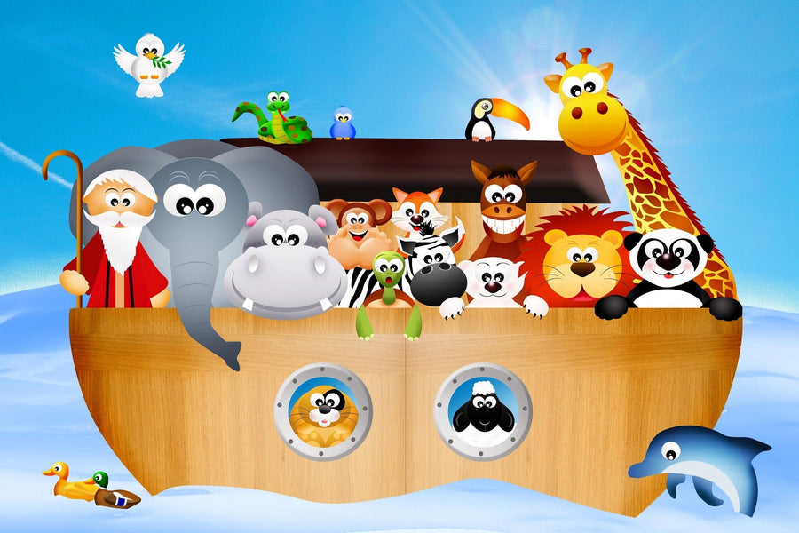 A nursery with a white crib, dresser, plant, and toys. The wall features the Joyful Voyage Wall Mural with cartoon animals and Noah under a blue sky. Wooden floors and soft decor complete the look.
