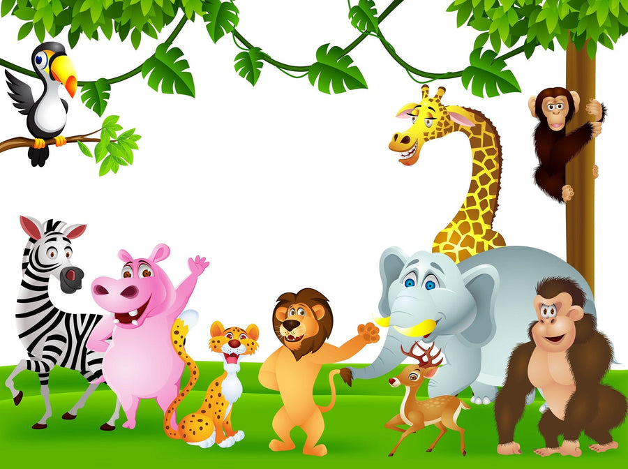 A bright nursery with a large Jungle Animal Friends Wall Mural featuring cartoon jungle animals by a white crib. The room includes a white rug, modern dresser, plant, shelves, and wooden floor.