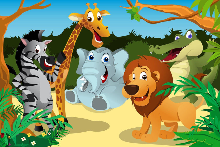 A nursery with a white crib and dresser features the Jungle Animals Wall Mural—a vibrant peel and stick design with cartoon zebra, giraffe, elephant, lion, and crocodile amid green foliage. Wooden floors, a plant, and shelves complete this cozy space.