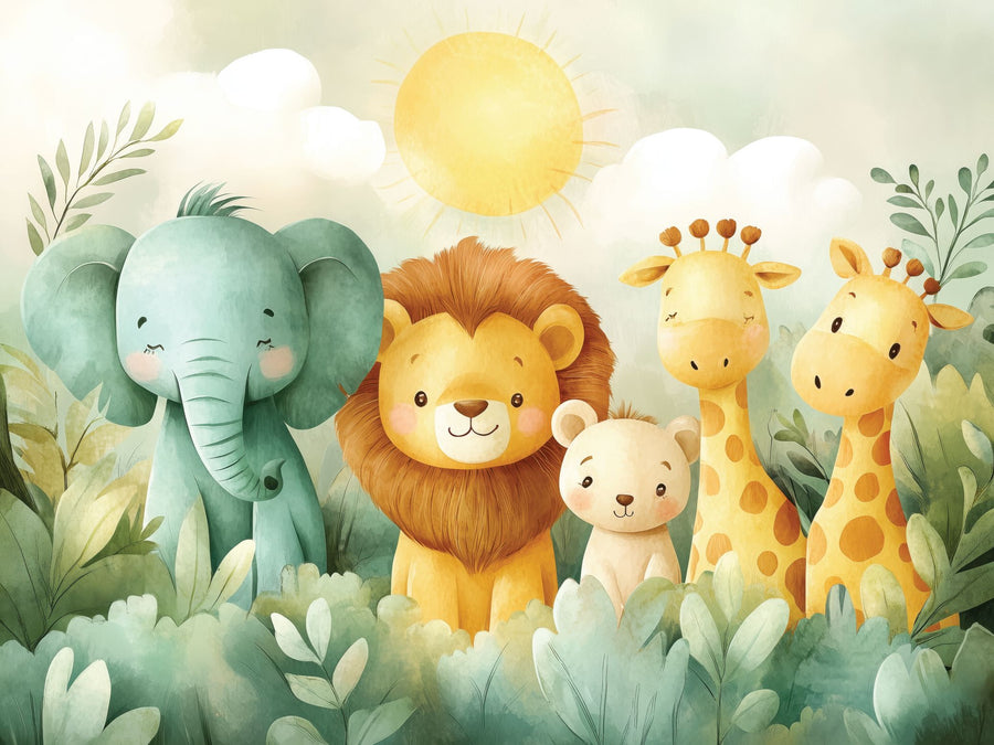 A nursery with a crib and dresser features the Jungle Buddies Wall Mural—cartoon elephants, lions, giraffes, and a monkey under the sun. Neutral walls, floating shelves, and baby essentials complete this cozy space.