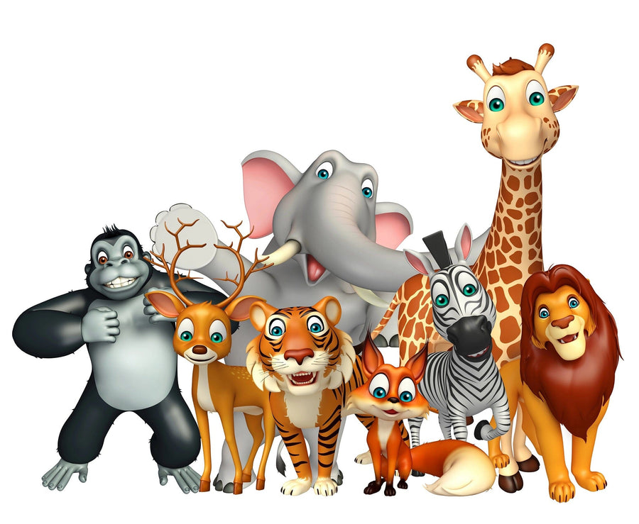 A nursery room with a white crib, dresser, and the Jungle Crew Wall Mural featuring cheerful cartoon jungle animals as peel-and-stick decor. Wooden floors, plants, framed photos, and playful removable wallpaper complete the look for easy decorating.