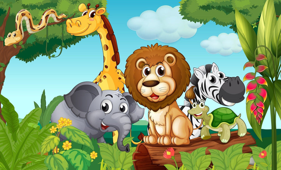 A nursery with a gray armchair, white crib, and shelf features the Jungle Family Wall Mural—a peel and stick mural of cartoon jungle animals (giraffe, lion, zebra, monkey, elephant, snake) with greenery under a blue sky.