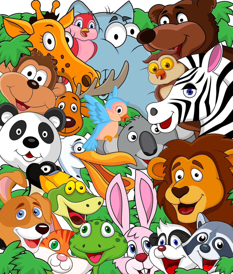 A nursery with a white crib, beige curtains, and a round mirror features the Jungle Friends Wall Mural—a colorful removable cartoon animal design. Bright and cheerful, this child's room is easy to refresh with Peel and Stick Wall Murals.