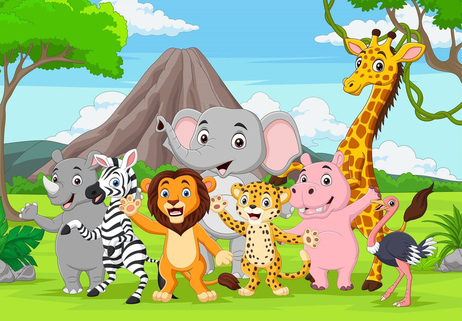 A nursery showcases the Jungle Friends Unite Wall Mural featuring cartoon jungle animals, complemented by a crib, storage baskets, toys, round mirror, and rug; sunlight streams through curtains on a large window.