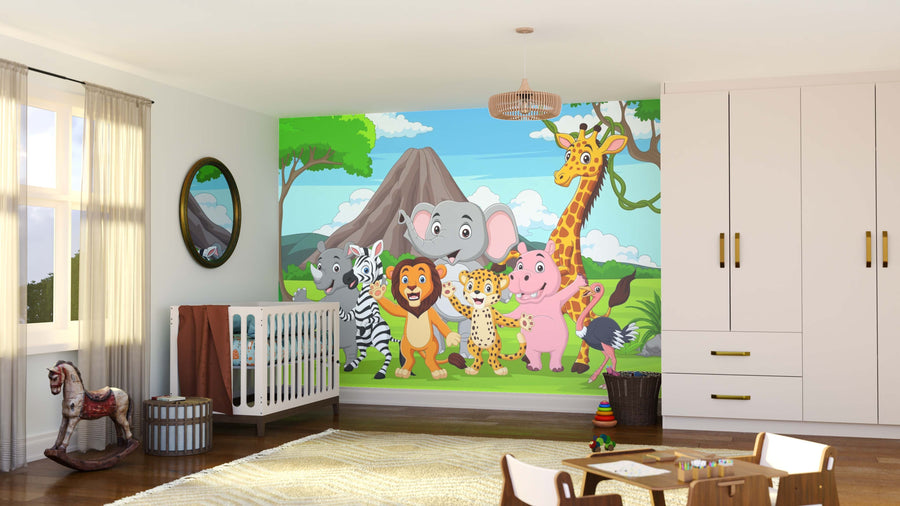 A nursery showcases the Jungle Friends Unite Wall Mural featuring cartoon jungle animals, complemented by a crib, storage baskets, toys, round mirror, and rug; sunlight streams through curtains on a large window.