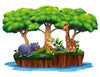 The Jungle Island Scene Wall Mural features a rhino, tiger, and giraffe on a floating island with lush grass and rocks. The smiling rhino is on the left, the playful tiger in the center, and the tall giraffe beside it under green trees. Perfect as a peel-and-stick mural surrounded by water.