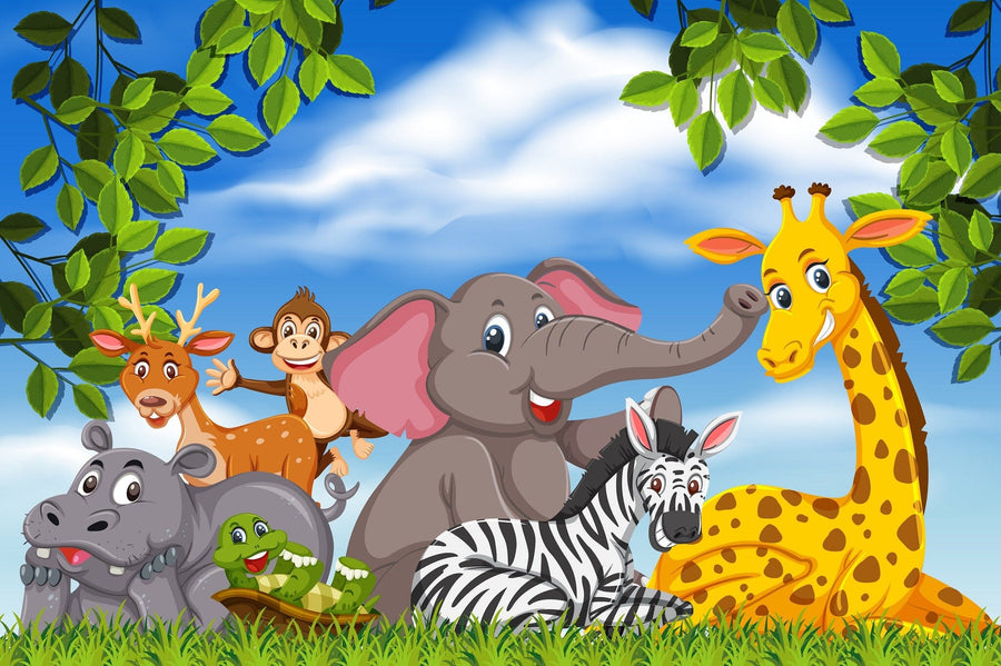 A bright nursery with wooden floors features the Jungle Joy Parade Wall Mural, displaying cartoon jungle animals on a grassy background. A white crib, rocking horse, and wardrobe complete the playful atmosphere.