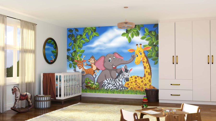 A bright nursery with wooden floors features the Jungle Joy Parade Wall Mural, displaying cartoon jungle animals on a grassy background. A white crib, rocking horse, and wardrobe complete the playful atmosphere.