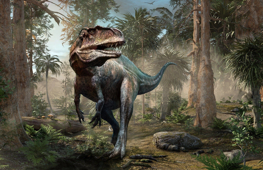 In the "Jungle King Wall Mural," a large, fierce dinosaur with sharp teeth and claws stands in a dense prehistoric forest. Sunlight filters through towering trees, highlighting lush greenery as a bird-like creature glides overhead, capturing nature in high-quality detail.