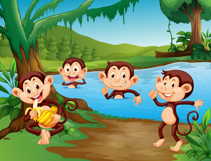 A bright nursery with a crib, white wardrobe, and the Jungle Monkey Mischief Wall Mural showing cartoon monkeys by a jungle river. Sunlight streams in as toys rest on a cozy rug atop the wooden floor.