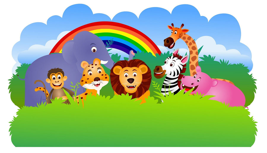 A bright nursery showcases the Jungle Rainbow Friends Wall Mural, featuring cartoon animals—lion, zebra, giraffe, elephant, hippo, monkey, and birds under a rainbow—plus a crib, rocking horse, toys, and sunlight from the window.