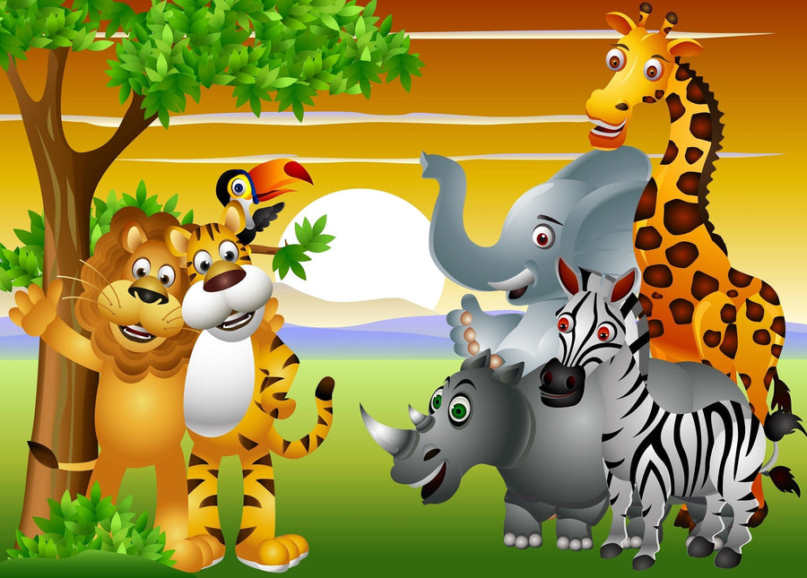 A nursery room with a crib and dresser features wood flooring, a large plant, and framed photos above the changing table. The wall showcases the colorful Jungle Wildlife Joy Wall Mural with cartoon jungle animals.