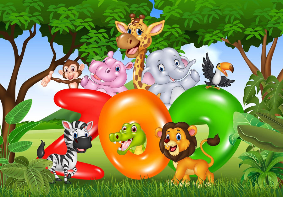 A nursery room with a white crib, dresser, and green plants. The wall features the colorful Jungle Zoo Party Wall Mural with smiling cartoon animals among trees. Toys and baby items are arranged on the dresser and shelf.