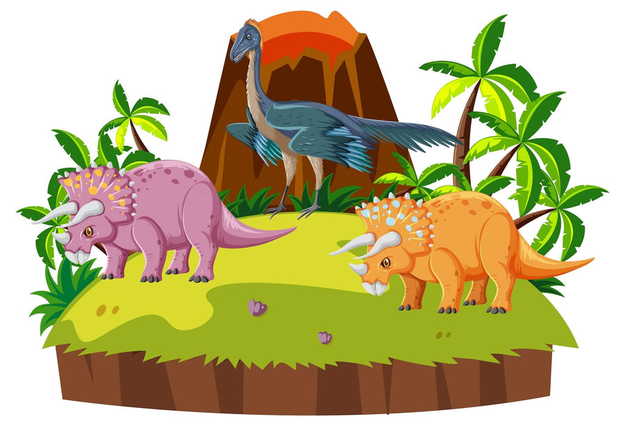A bright children’s room features a white crib, basket, and toy rocking horse. The back wall displays the colorful Jurassic Jungle Wall Mural with dinosaurs. Natural light streams in through sheer curtains.