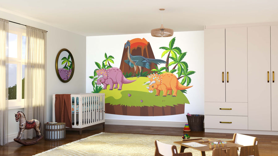 A bright children’s room features a white crib, basket, and toy rocking horse. The back wall displays the colorful Jurassic Jungle Wall Mural with dinosaurs. Natural light streams in through sheer curtains.