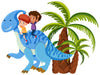 Two smiling children ride a friendly blue dinosaur with light blue stripes, set against green palm trees—a playful prehistoric scene featured on the Nursery 23 Wall Mural, perfect for kids’ rooms.