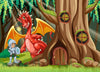 A smiling knight and a friendly red dragon with yellow wings stand by a tree house under sunlight—an enchanting scene from the Nursery 8 Wall Mural, perfect for custom printed or peel and stick wall murals in any room.