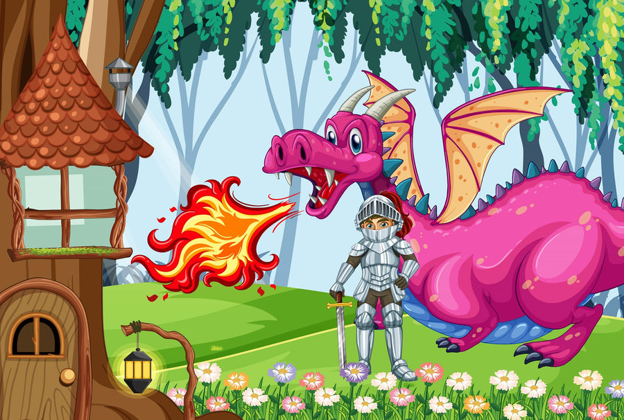 A nursery with a crib, rocking horse, toys, and blue curtains features the Knight on Dragon Guard Wall Mural, which displays a pink dragon breathing fire, an armored knight, trees, flowers, and a whimsical house in a playful fantasy scene.