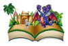The Knight vs Hydra Wall Mural features a pop-up style scene with an armored knight battling a three-headed dragon before a castle of red and white towers, lush trees, and green grass—ideal for inspiring custom wall decor.