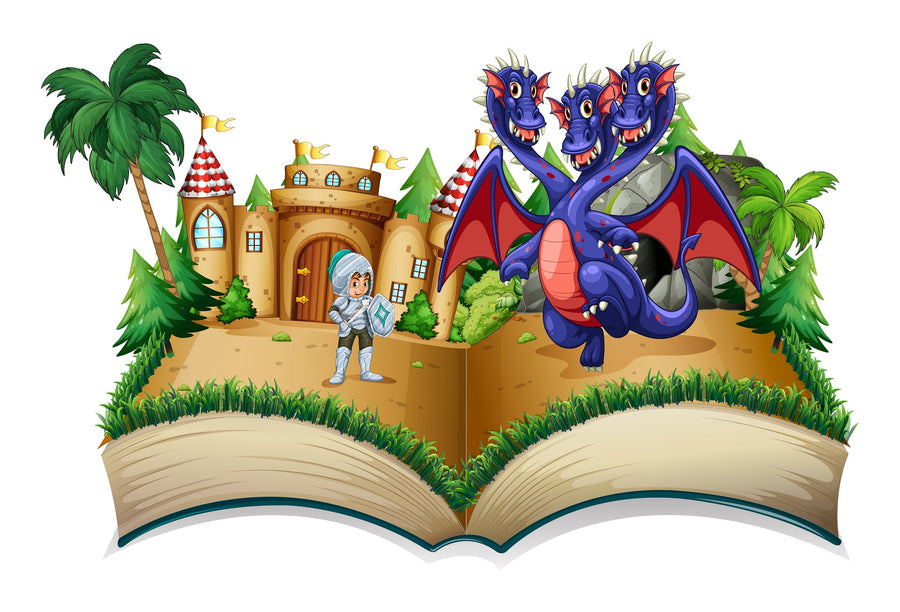A nursery with the Knight vs Hydra Wall Mural showing a knight, three-headed dragon, castle, palm trees, and rainbow. The room also has a crib, rocking horse, round mirror, basket, toys, and large windows with blue curtains.