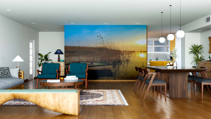 A modern open-plan living and dining area with wooden flooring, stylish furniture, plants, and the Lake Balaton Wall Mural creates a serene natural vibe and makes a bold statement in the space.