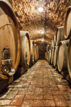 A rustic wine cellar with a curved brick ceiling and floor, enhanced by Deposit photo's Large Wooden Barrels Wall Mural. The mural mimics its ambiance with large wooden barrels lining the aisle, dimly lit overhead to highlight textured bricks and create an inviting atmosphere.