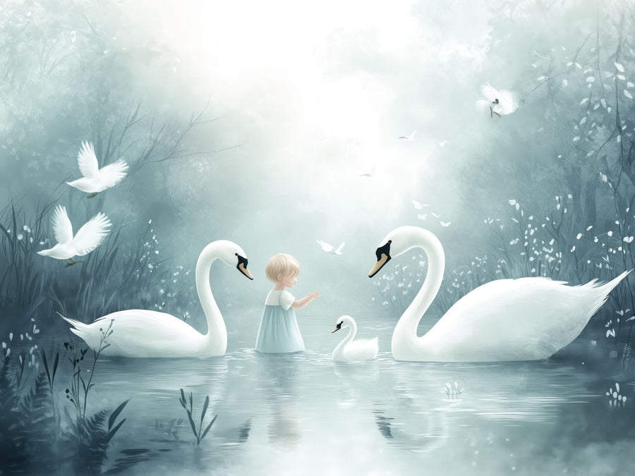 A nursery room with soft, neutral decor features the Little Swan Keeper Wall Mural—a large peel and stick scene of a child with two swans—above a crib and dresser, accented by plants, toys, and framed photos on shelves and walls.