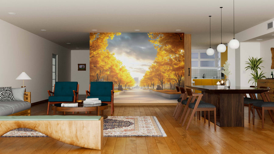 A modern living-dining area with wood floors, mid-century furniture, pendant lights, and the Autumn Boulevard Wall Mural, a large peel and stick design of a sunlit park that adds depth and brings nature indoors.