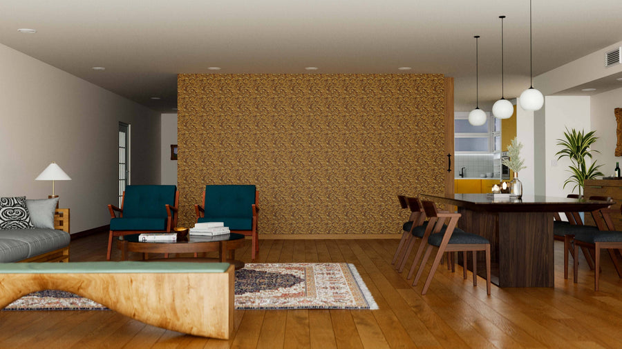 A mid-century modern living and dining room with wooden floors, teal chairs, a gray sofa, and a dining table is elevated by the Baroque Golden Elegance Wall Mural on the accent wall, bringing stylish, warm earthy tones to the space.