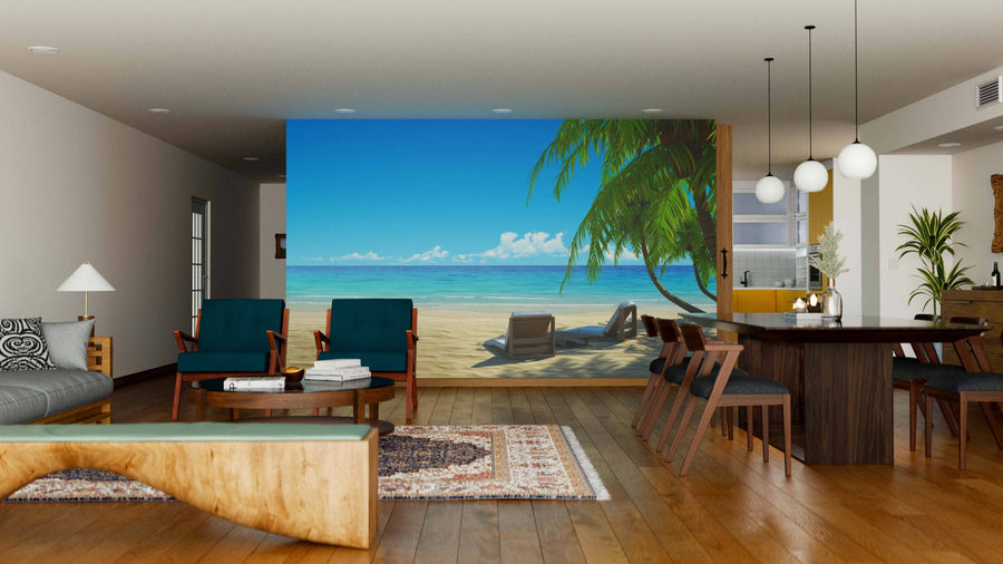 A spacious living and dining area with modern wooden furniture and pendant lights features the Beach Chairs Wall Mural, a peel and stick mural that easily creates the illusion of an oceanfront view.
