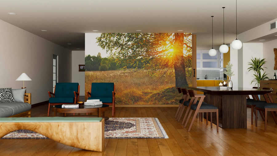 A modern open-plan living and dining room with wooden floors, teal armchairs, a patterned rug, and dining table features the Birch Tree Sunset Thru The Leaves Wall Mural as a striking feature wall. Pendant lights hang above; kitchen is visible in the background.